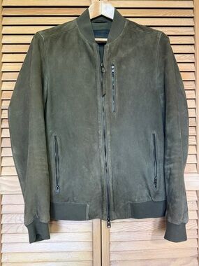 AllSaints Olive Suede Bomber Jacket
